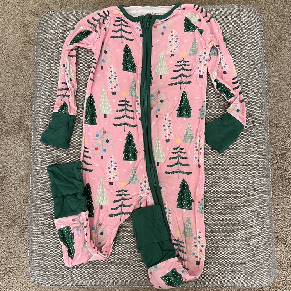 Little Sleepies Long Sleeve Zip-up Convertible Footie PJs - Pink Christmas Trees